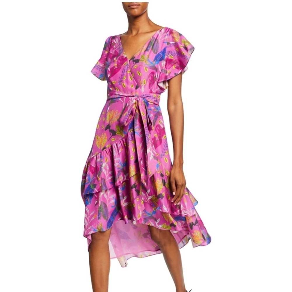 TANYA TAYLOR DITA PURPLE PRINTED FLORAL WRAP DRESS SIZE 10 SHORT SLEEVE